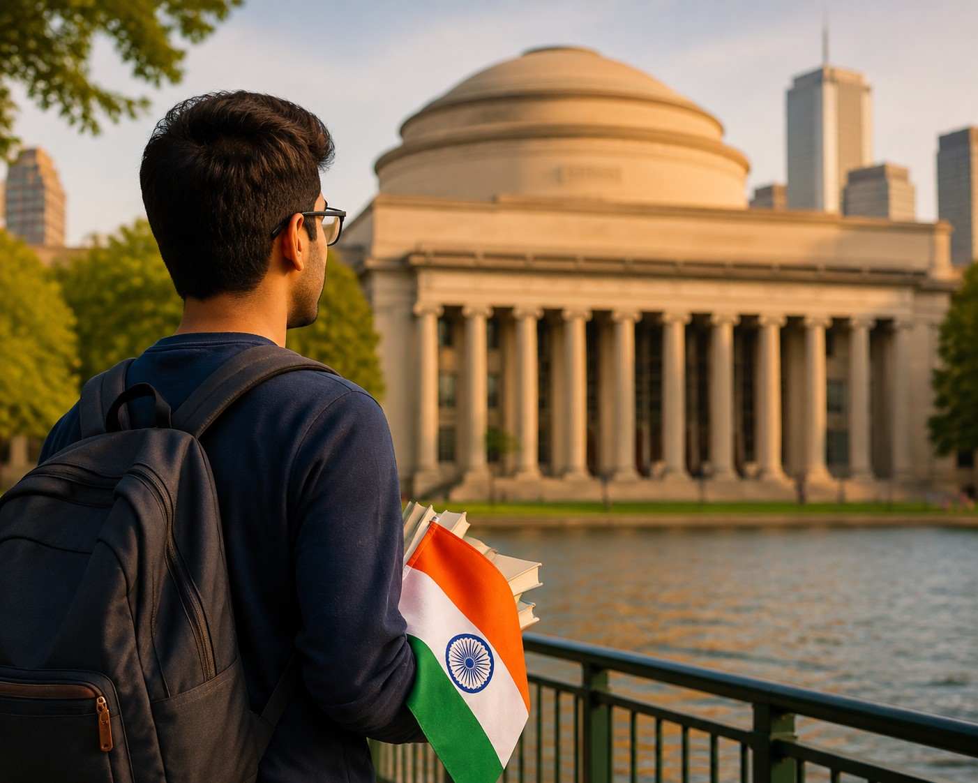 "Indian student with a backpack and books standing near a university campus, representing international education opportunities and MIT MFin aspirations"